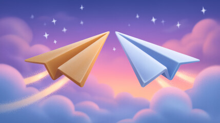 Poster - Two paper planes soar through pastel sky creating light trails in midair. Clean atmosphere conveys concept of communication and interaction