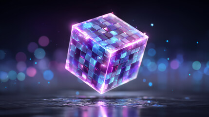 Fototapete - Digital cube rotates in space with vibrant glowing edges. Soft abstract tech background creates a futuristic atmosphere. Concept of innovation, tech companies, digital design