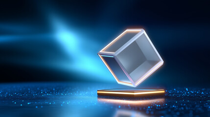 Aufkleber - A digital cube rotates in space with glowing edges, set against a soft abstract background. Clean grid shadow adds depth to the tech ambiance. Concept of technology, design, innovation