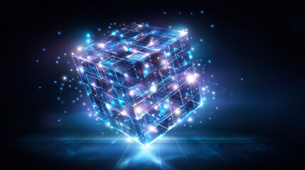 Poster - Floating digital cube rotates in space with glowing edges. Soft abstract tech background creates a clean grid shadow. Concept of technology, design innovation, digital media