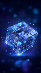 Poster - Digital cube rotates in space with glowing edges and soft abstract tech background. Clean grid shadow enhances modern aesthetics. Concept of technology, innovation, design
