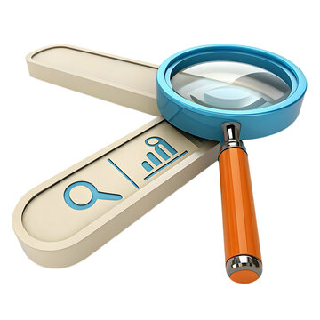 3d illustration of a blue magnifying glass over a beige search bar with a graph icon, isolated on white background