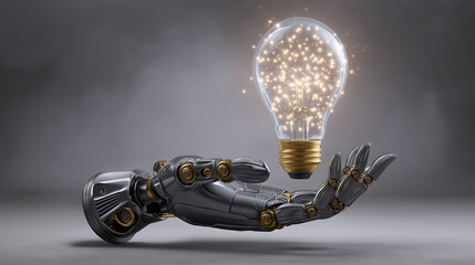 Poster - Robotic hand cradles glowing lightbulb illuminating central area against gray background. Concept of human-machine collaboration in technology, design, and engineering