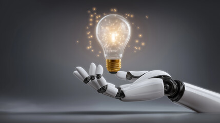 Poster - Robotic hand delicately holds lightbulb emitting soft glow. Clean, futuristic illustration with neutral gray background enhances focus on concept of human-machine innovation