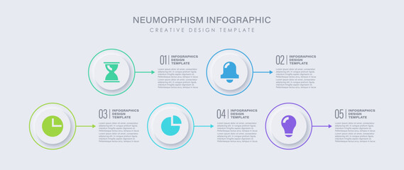 Poster - Horizontal infographic template with neumorphism style with five steps or options. Business infographic elements with icons