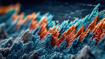 Poster - A 3D financial graph resembling mountain peaks, with colored spikes illustrating dynamic market fluctuations on a digital grid
