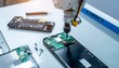 © photostockatinat - Robot Arm Assembling Smartphone. The arm precisely assembles a smartphone on a clean table