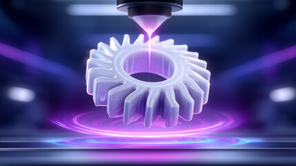 Poster - 3D printed gear forms as glowing nozzle extrudes material. Moody lighting enhances innovation atmosphere in sophisticated workshop. Concept of engineering, manufacturing, technology
