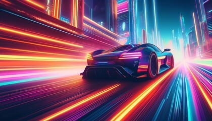 Poster - futuristic sports car speeding through neon lit city at night cyberpunk style urban landscape with glowing lights fast motion concept for racing game or sci fi movie poster