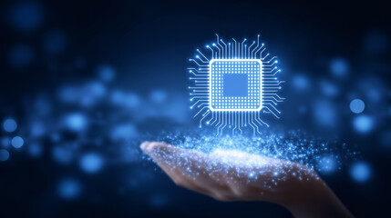 Poster - AI chip hovers above hand-shaped platform made of data. Glowing network backdrop enhances futuristic theme. Concept of technology, innovation, artificial intelligence