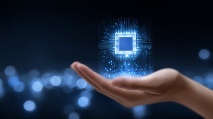 Poster - AI chip hovers above hand-shaped platform made of data, representing advanced technology and digital possibilities. Background displays glowing network effect
