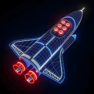 Digital wireframe of a neon glowing spaceship, glowing blue with detailed contours and a futuristic design, set against a dark sci-fi backdrop.