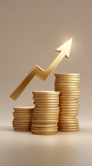 Poster - Coins stack upward, forming an arrow symbolizing financial growth. Smooth gradient light background enhances golden hues. Concept of finance, investment, banking