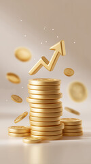 Poster - Coins stack rises dynamically into an upward arrow, representing financial success and capital increase. Soft light gradient setting creates an inspiring atmosphere