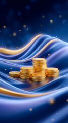Poster - Stacked coins placed on flowing gradient fabric with glowing highlights represent financial growth. High-tech finance concept set against a luxurious backdrop