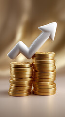 Poster - Coins stack up while morphing into upward arrow depicting financial success and growth. Clean beige background enhances focus. Concept of finance, investment, wealth