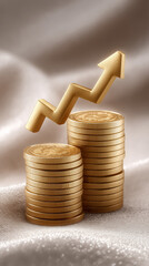 Poster - Stacked coins elevate into arrow representing financial growth. Smooth gradient backdrop in gold and beige adds sophistication. Concept of finance, investment, economic growth