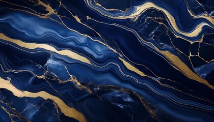 Poster - soft deep blue luxurious elegant dark marble texture with gold veins polished stone backgroung fluid surface