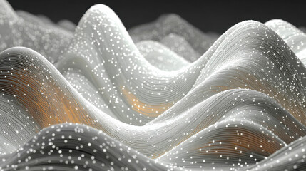 Poster - Abstract white flowing waves resembling fabric or fiber optic cables, illuminated by numerous small glowing lights