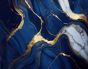 Poster - soft deep blue luxurious elegant dark marble texture with gold veins and cracks polished stone backgroung fluid surface