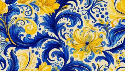 Poster - watercolor retro seamless pattern with blue and yellow floral motifs for fabric paper invitation textile decorative surface