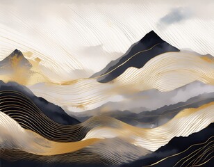 Aufkleber - mountain background minimal landscape art with watercolor brush and golden line art texture abstract art wallpaper for prints art decoration wall arts and canvas prints illustration no