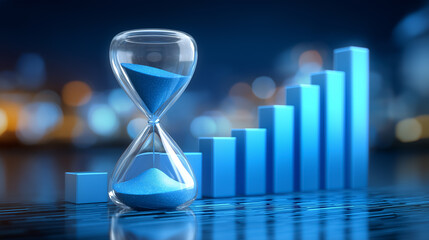 Poster - Hourglass stands beside ascending investment chart on glass, representing concept of time-based returns in finance. Cool blue palette with subtle reflections enhances modern technology feel