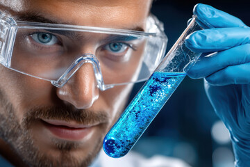 Poster - Scientist examining blue liquid in test tube in laboratory setting during daytime