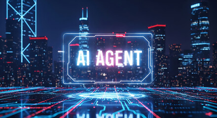 Poster - Futuristic ai agent concept displayed over illuminated circuit board and cityscape at night