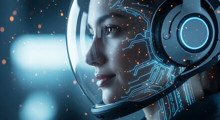Poster - Futuristic portrait of a woman wearing a helmet with digital circuit board designs.