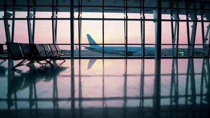 Poster - Spacious airport terminal interior featuring large glass windows revealing airplane taxiing across tarmac during vibrant sunset, empty waiting area showcasing serene anticipation of travel