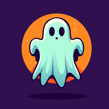 Ghost cartoon character. Funny spirit. Friendly ghost. Spooky phantom. Happy Halloween greeting card with ghost. Cartoon ghosted spirit. Cute ghost. Ghost icon. Halloween design vector illustration