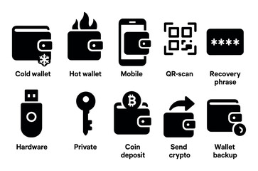 Poster - Crypto wallet solid icon set. secure, digital, currency, finance, blockchain icons