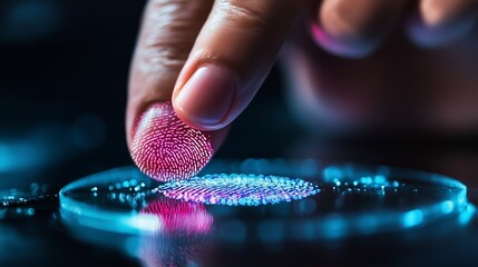 Poster - Finger pressing on a high-tech fingerprint scanner in a dimly lit environment with colorful lights at night