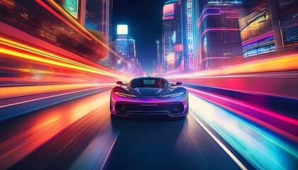 Poster - sports car driving at night on city street with neon lights fast motion blur effect urban nightlife scene with vibrant colors futuristic cityscape concept for automotive industry