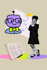 Poster - Vertical art 3d creative image collage of happy preteen schoolgirl stand striker education workload robot teacher academic