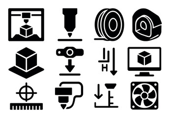 Poster - 3d printing solid icon set. technology, manufacturing, machine, industry, symbols collection