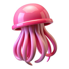 Poster - Cartoonish 3 D render of a pink jellyfish with glossy surfaces and tentacles against a black background isolated on a transparent background