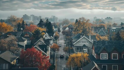Poster - A serene scene of a residential neighborhood during the fall season, with trees turning golden and leaves crunching beneath
