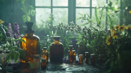Poster - A still life scene with various essential oil bottles and fresh flowers