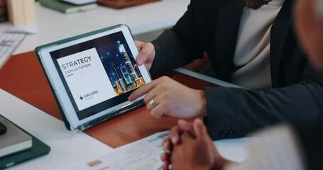Poster - Business, hands and people in office, tablet screen and planning for strategy, company future and app. Closeup, employees and consultant in workplace, technology or internet with website info or idea