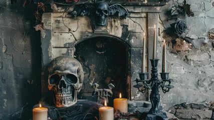 Poster - Cozy fireplace setting with candles and a decorative skull