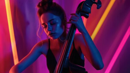 Poster - A woman plays a bass guitar on stage or studio setting