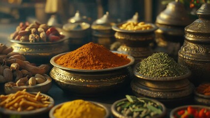 Poster - A table with various spice bowls, perfect for food and cooking illustrations