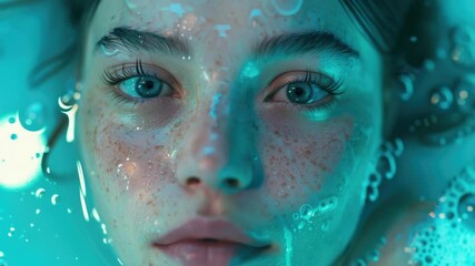 Poster - A close-up shot of a woman's face submerged in water, with eyes and mouth visible
