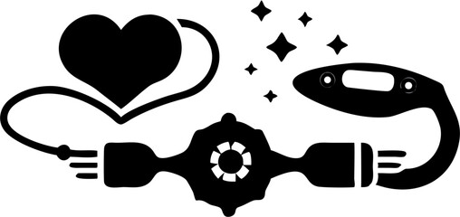 Fototapete - Stylized heart connected to a valve with a glowing device on the right side in black and white art silhouette