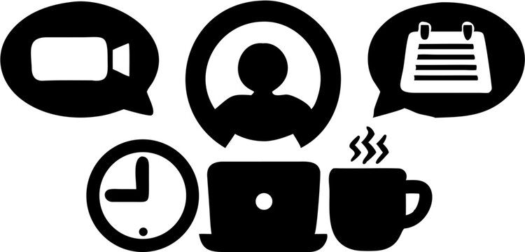 Icon set depicting remote work elements including video call, personal profile, and schedule details silhouette