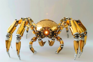 Poster - Golden spider like robot standing on a white background, showcasing advanced technology and futuristic design