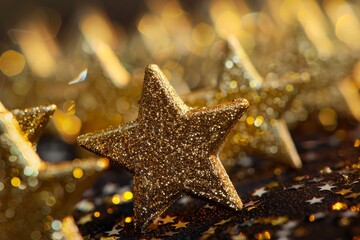 Poster - Golden glitter stars are creating a festive atmosphere with warm bokeh lights