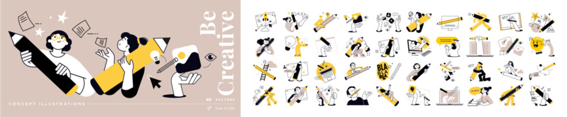 Fototapete - Be creative concept illustrations. Set of people vector illustrations in various activities of business, marketing, creative process, graphic and web design, social media, content management.